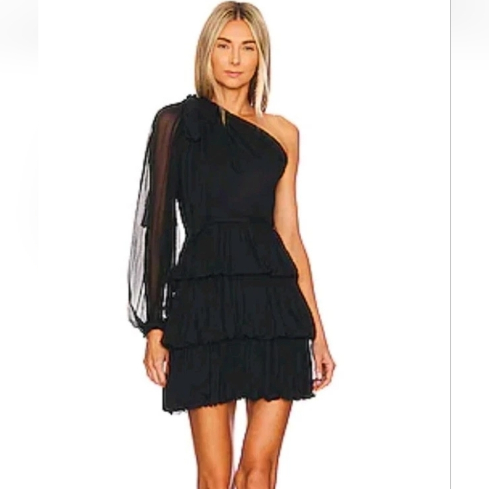 MLM Label Women's Black Silk One Shoulder Ruffled Mini Dress! S